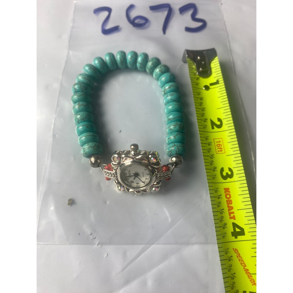 Geneva Turquoise Beaded Stretch Bracelet Watch Boho Silver Tone Analog Quartz